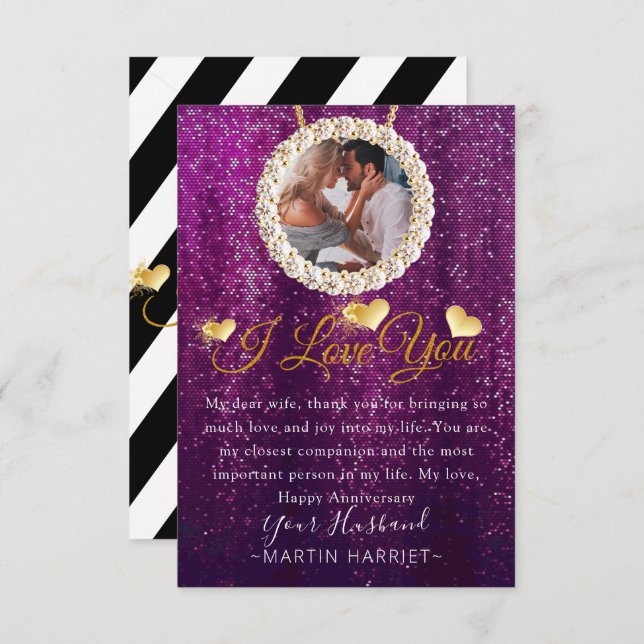 Tarjeta de aniversario de foto morada te amo para  (Anverso / Reverso)