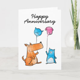 Tarjeta de aniversario de gato y perro con globos