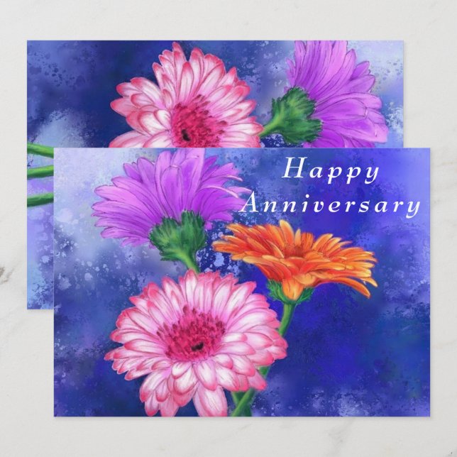 Tarjeta de aniversario de Gerberas de tres colores (Anverso / Reverso)