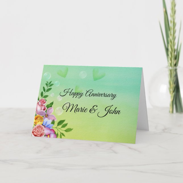 Tarjeta de aniversario de hermosas flores - en bla (Anverso)