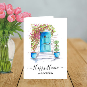Tarjeta de aniversario de hogar feliz con puerta a