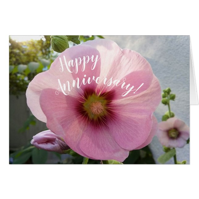 Tarjeta de Aniversario de la Flor Rosa-Hollyhock (Anverso (Horizontal))