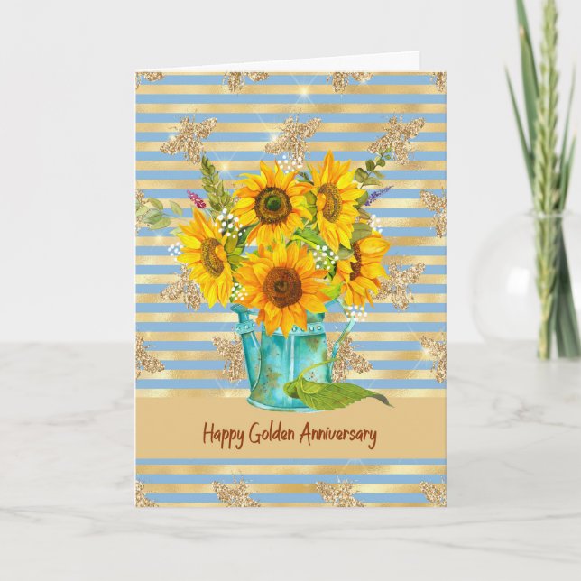 Tarjeta de aniversario de oro con girasoles y abej (Anverso)