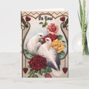Tarjeta de aniversario de palomas y rosas vintage
