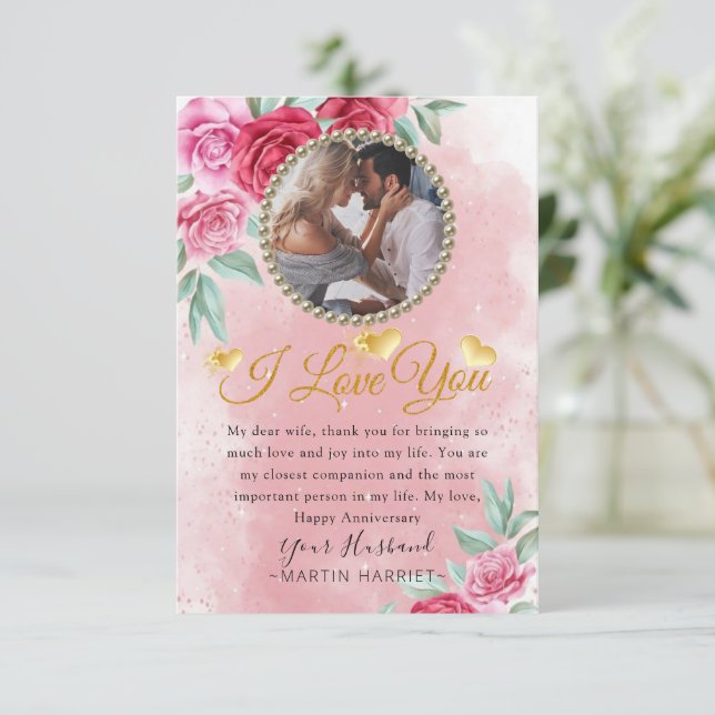 Tarjeta de aniversario de Rosy Floral Photo Wife (Anverso de pie)