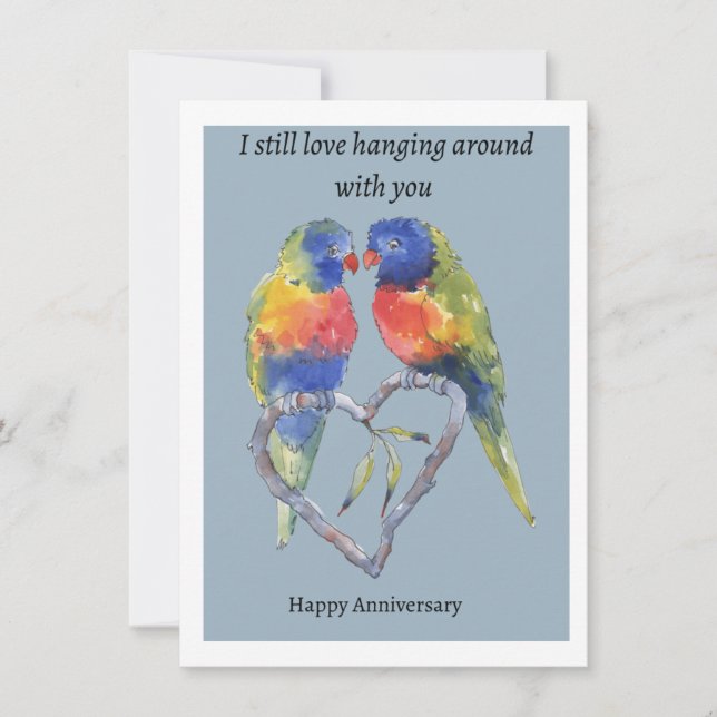 Tarjeta de aniversario, dos aves de amor y un cora (Anverso)