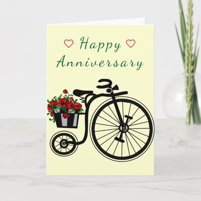Tarjeta de Aniversario Feliz Bicicleta Flores Romá (Anverso)