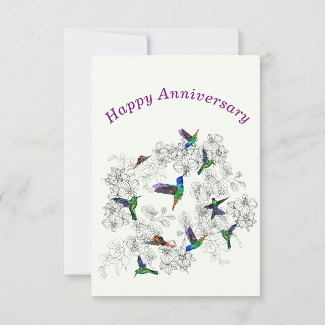 Tarjeta de aniversario feliz con aves y flores de  (Anverso)