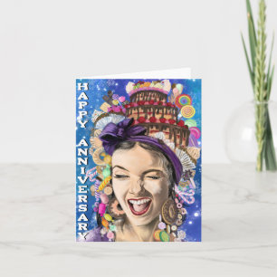 Tarjeta de aniversario feliz con mujer feliz