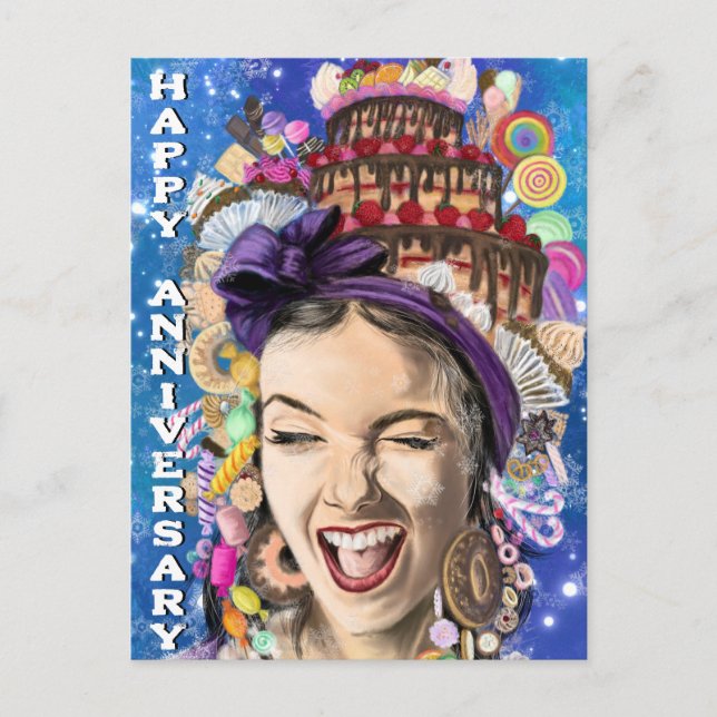 Tarjeta de aniversario feliz con mujer feliz - Gra (Anverso)
