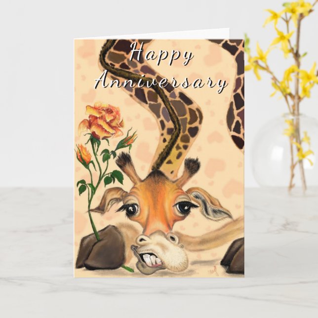 Tarjeta de aniversario feliz con una jirafa románt (flor amarilla)