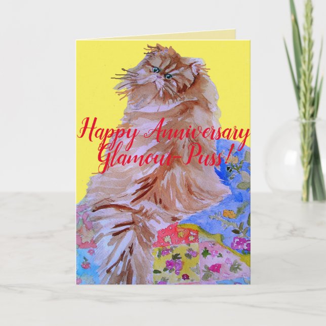 Tarjeta de Aniversario Feliz del Glamour Fluffy Ca (Anverso)