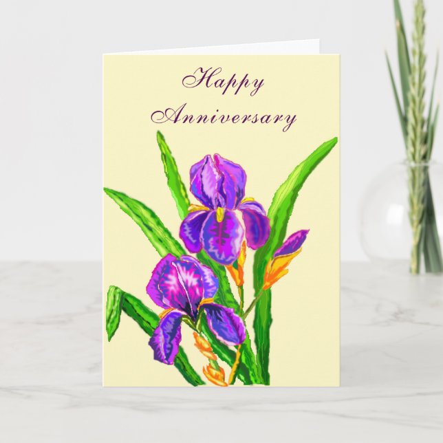 Tarjeta de Aniversario Feliz Hermosas Flores Iris (Anverso)