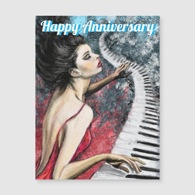 Tarjeta de Aniversario Feliz - Lady en Piano Rojo (Anverso)