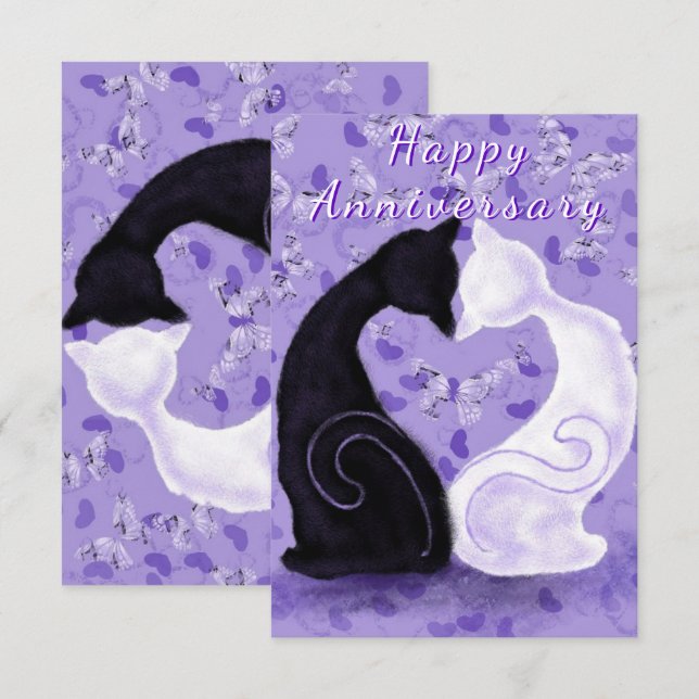 Tarjeta de aniversario feliz pareja de gatos amor  (Anverso / Reverso)