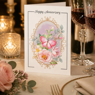 Tarjeta de aniversario floral y de mariposas