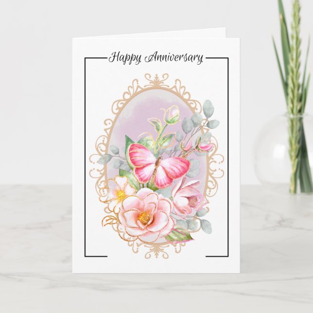Tarjeta de aniversario floral y mariposa (Anverso)