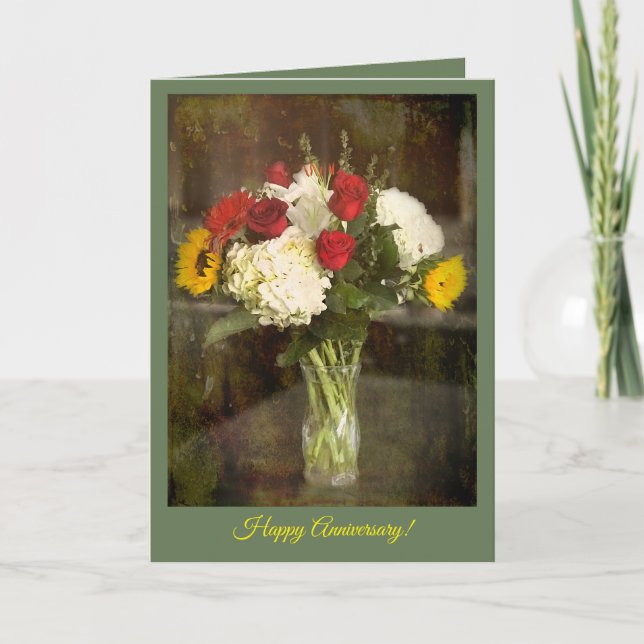 Tarjeta de aniversario general con ramo de flores (Anverso)