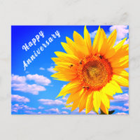 Tarjeta de aniversario girasol y abejas en cielo a
