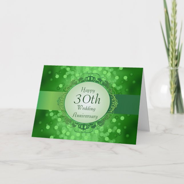 Tarjeta de aniversario número 30 con bokeh verde e (Anverso)