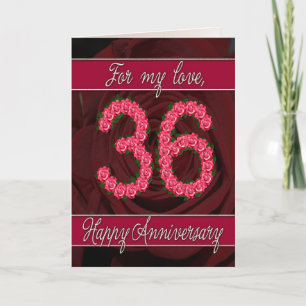 Tarjeta de aniversario número 36 con rosas y hojas