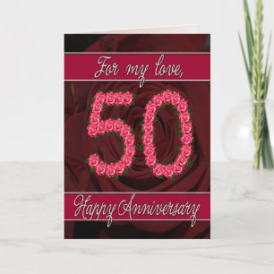 Tarjeta de aniversario número 50 con rosas y hojas