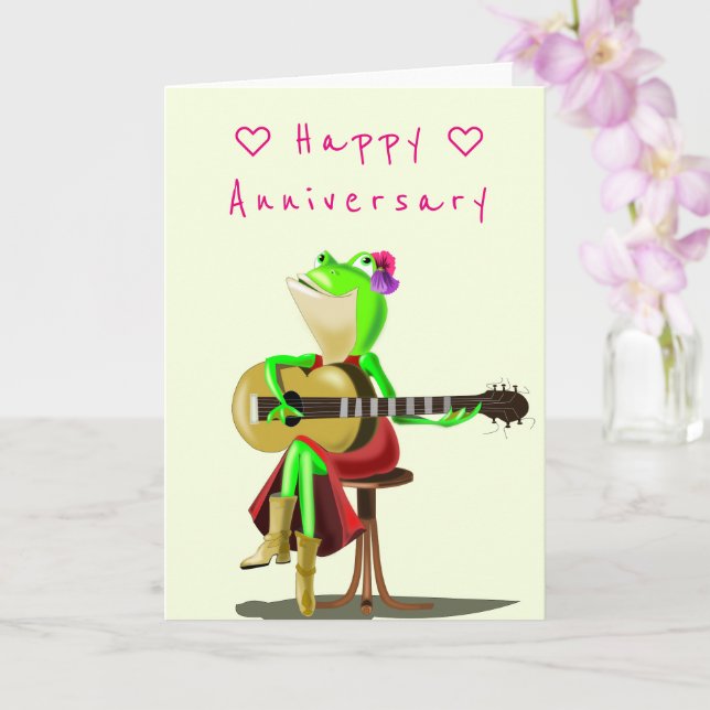 Tarjeta de aniversario Rana romántica con guitarra (Orquídea)
