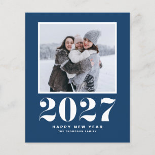 Tarjeta de Año Nuevo 2027 tipografía retro azul ma