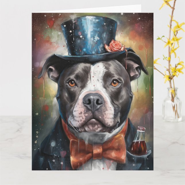 Tarjeta de Año Nuevo American Staffordshire (flor amarilla)