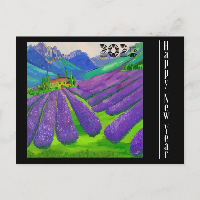 Tarjeta de Año Nuevo Campos de lavanda frente a la (Anverso)