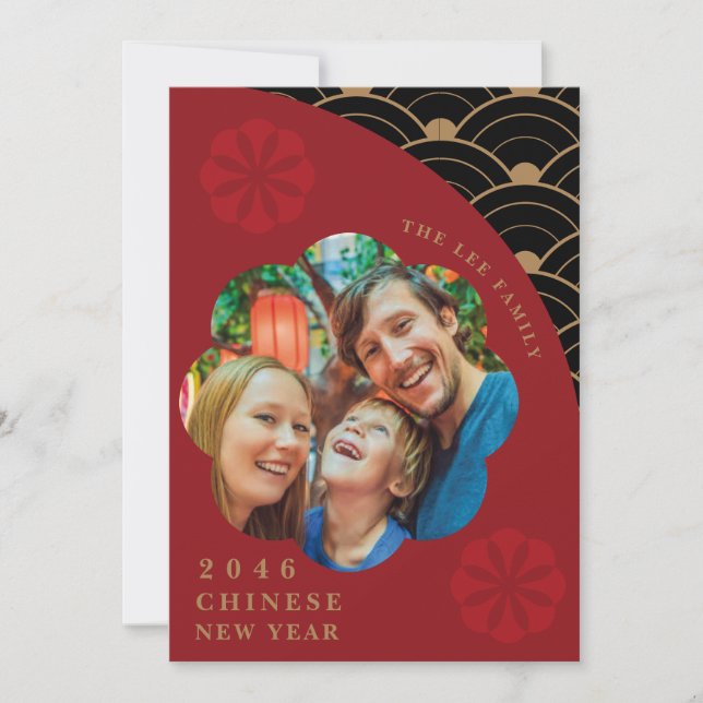 Tarjeta de Año Nuevo Chino Rojo y Negro Japonés (Anverso)