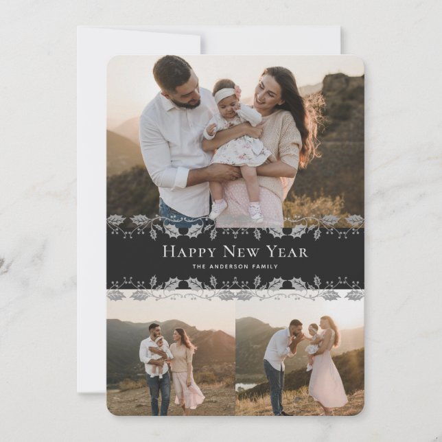 Tarjeta de Año Nuevo con foto de acebo plateado ne (Anverso)