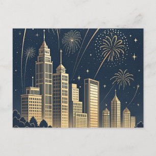 Tarjeta de Año Nuevo con horizonte de ciudad