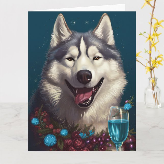 Tarjeta de Año Nuevo de Alaskan Malamute (flor amarilla)