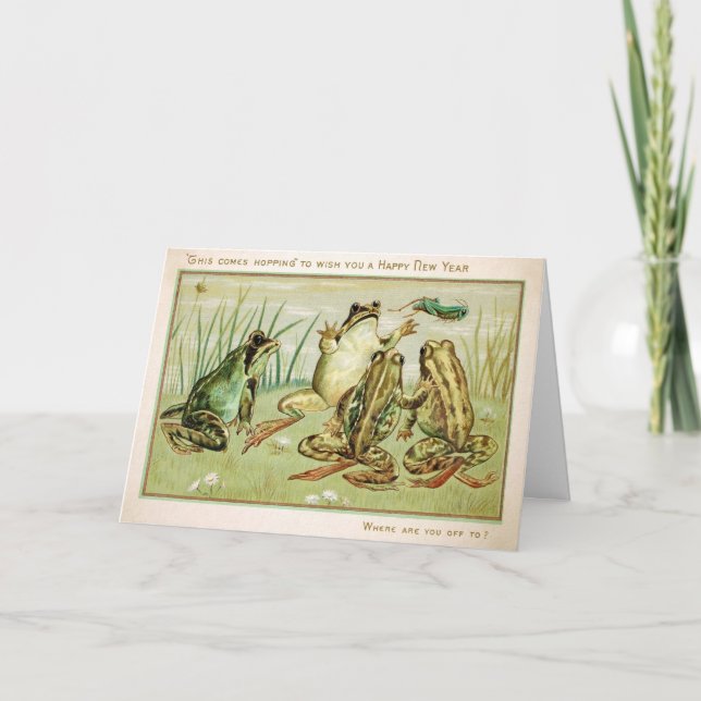 Tarjeta de Año Nuevo de Ranas Vintage (Anverso)
