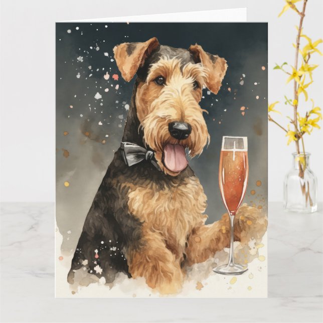 Tarjeta de Año Nuevo del Airedale Terrier (flor amarilla)