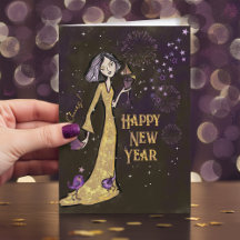Tarjeta de Año Nuevo elegante en dorado y púrpura