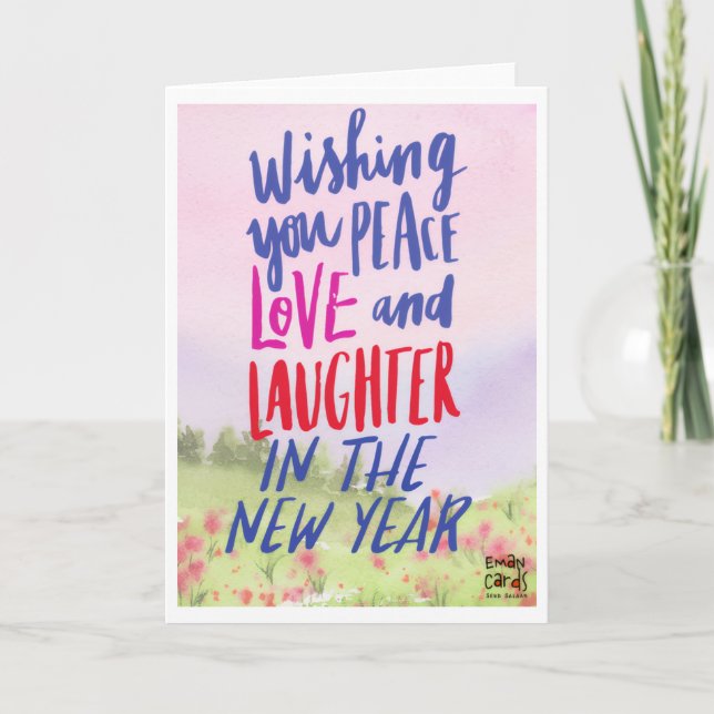 Tarjeta de Año Nuevo Feliz con Amor y Risa (Anverso)