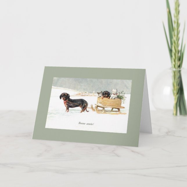 Tarjeta de Año Nuevo francés Vintage Dachshund and (Anverso)