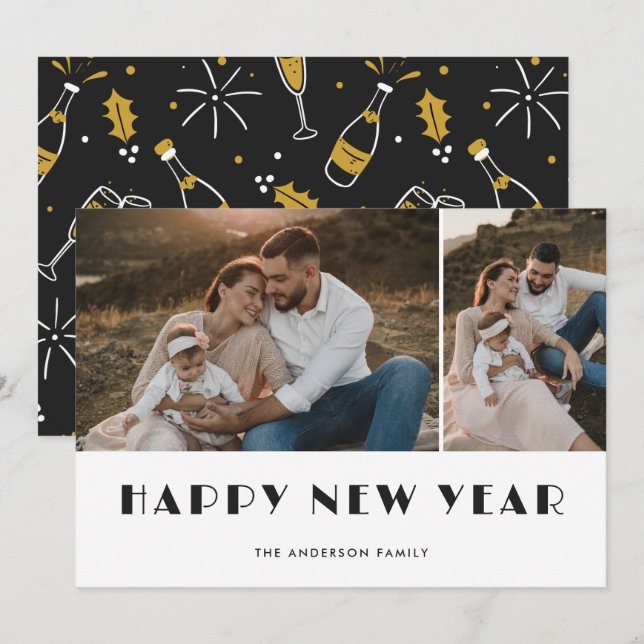 Tarjeta de Año Nuevo Happy Photo de Champagne y Gl (Anverso / Reverso)