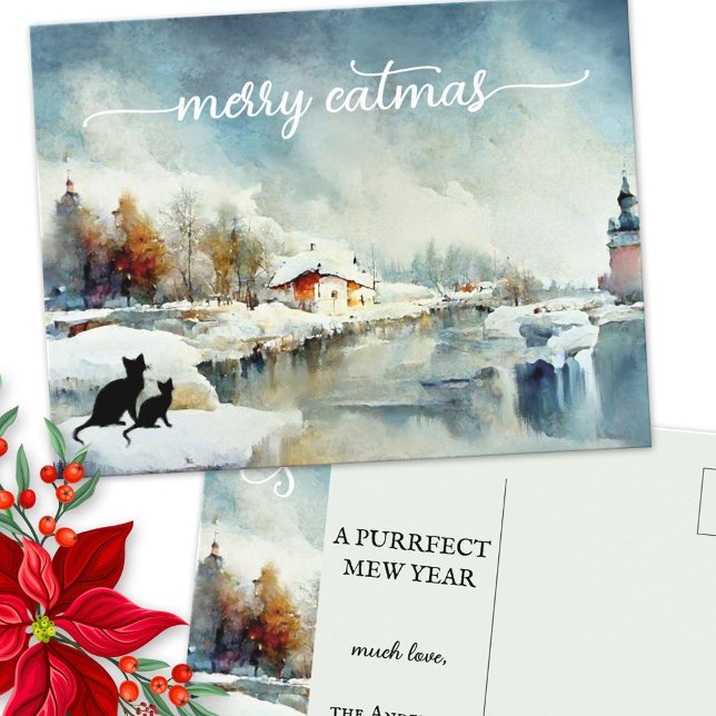 Tarjeta de Año Nuevo para gatos de invierno con co (Subido por el creador)