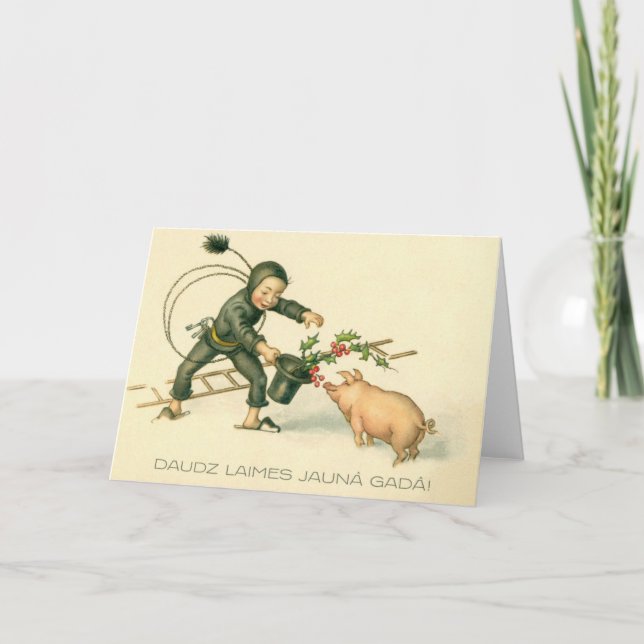 Tarjeta de Año Nuevo Retro Latviano de Cerdo y Bar (Anverso)