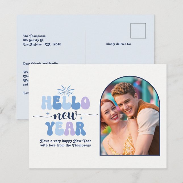 Tarjeta de Año Nuevo Retro Moderno Azul Frostlight (Anverso / Reverso)