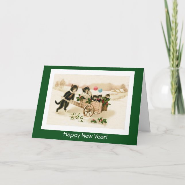 Tarjeta de Año Nuevo Vintage Personalizable de Gat (Anverso)