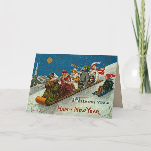Tarjeta de Año Nuevo Vintage Sledding (Anverso)