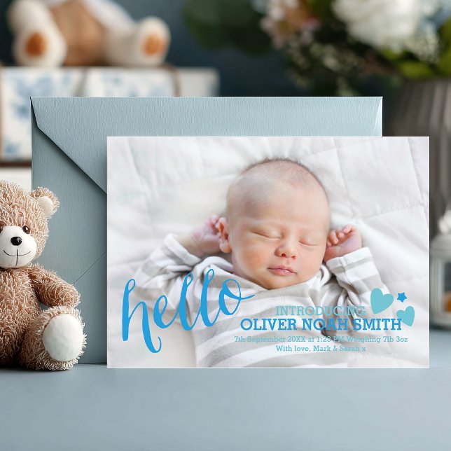 Tarjeta de anuncio/agradecimiento de nuevo bebé va (Hello, little one 💙 Share your joy with this charming blue photo birth announcement card.)