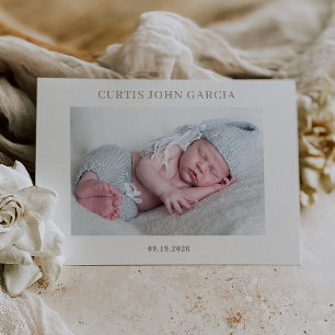 Tarjeta de anuncio de bebé con foto en taupe minim
