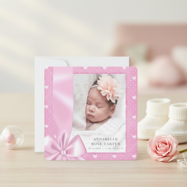 Tarjeta de anuncio de bebé con lazo de corazón ros (Sweet Pink Heart Ribbon Baby Announcement Card)