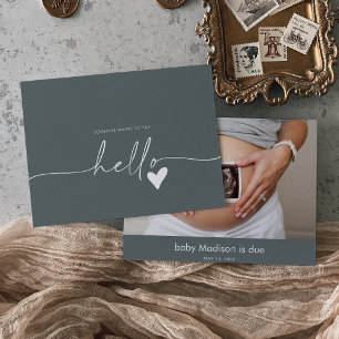 Tarjeta de anuncio de bebé Hello con foto gris