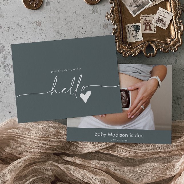 Tarjeta de anuncio de bebé Hello con foto gris (Subido por el creador)